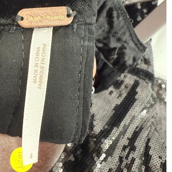 Free People Size 4 Black Sequin Halter Dress Velvet Trim Open Back Holiday Party - Picture 3 of 6